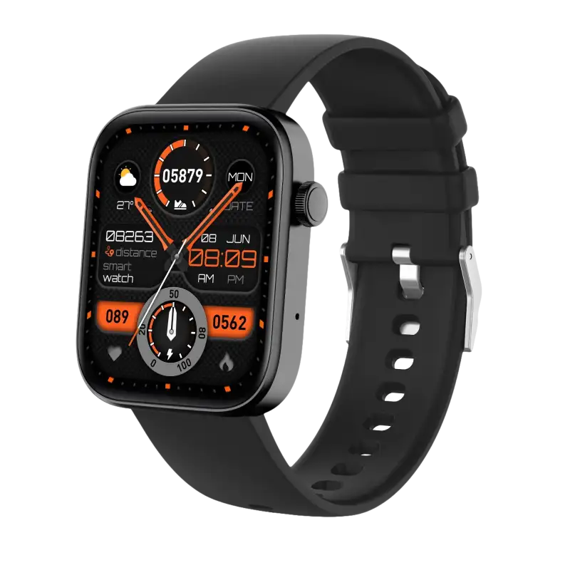 Black smart watch with digital display.