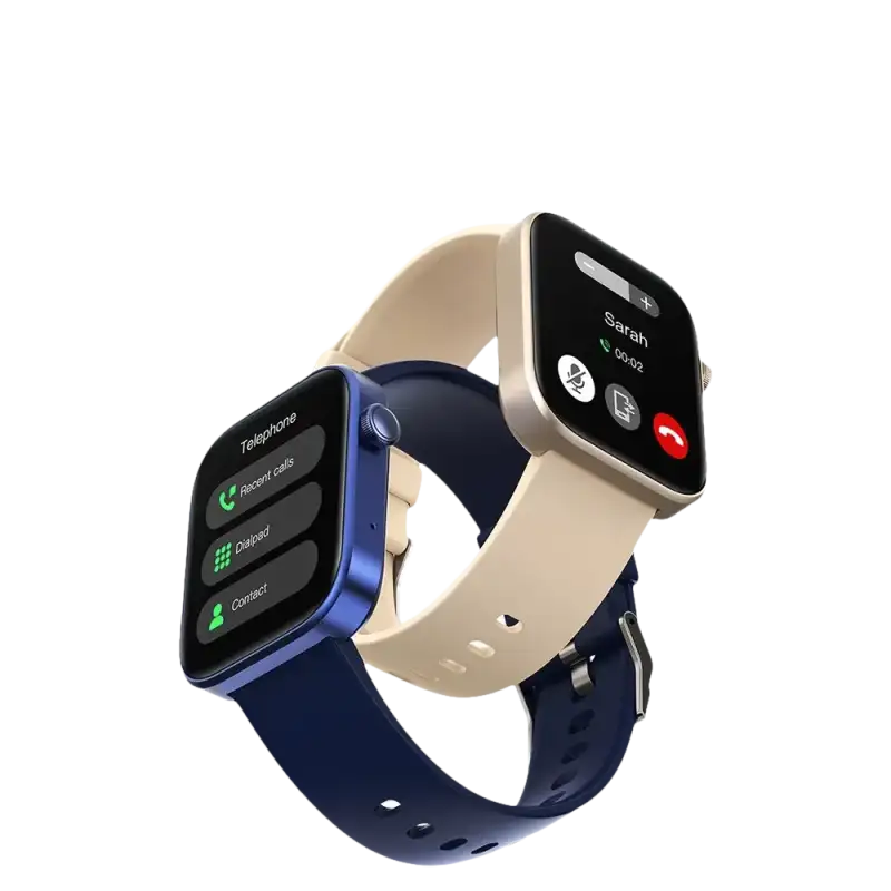 Two smartwatches with different colored bands.