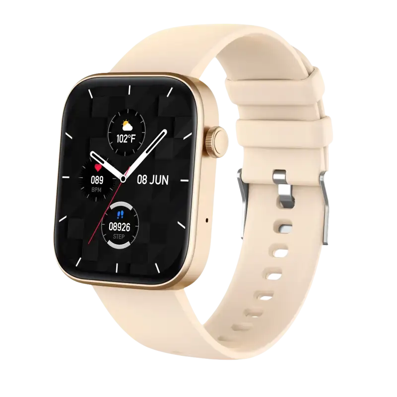Beige smartwatch with a square face.