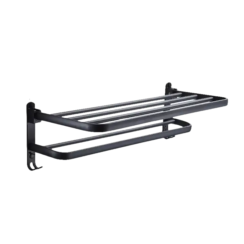 Black metal towel rack with dimensions.