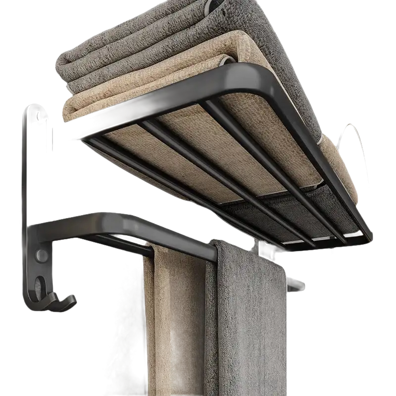 Black metal towel rack with folded towels.