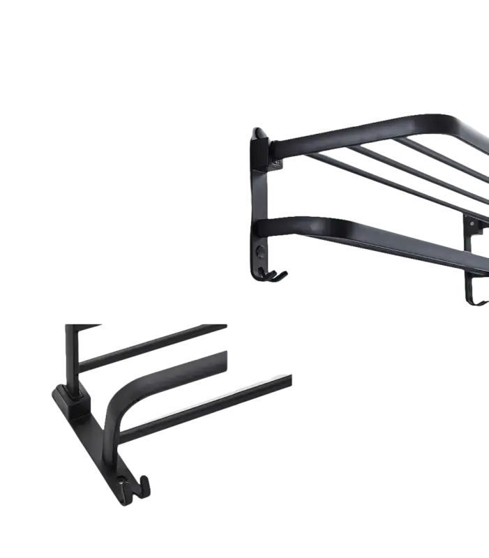 Black metal towel rack with hooks.