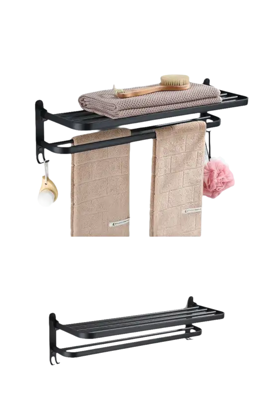 Black metal towel rack with shelf.
