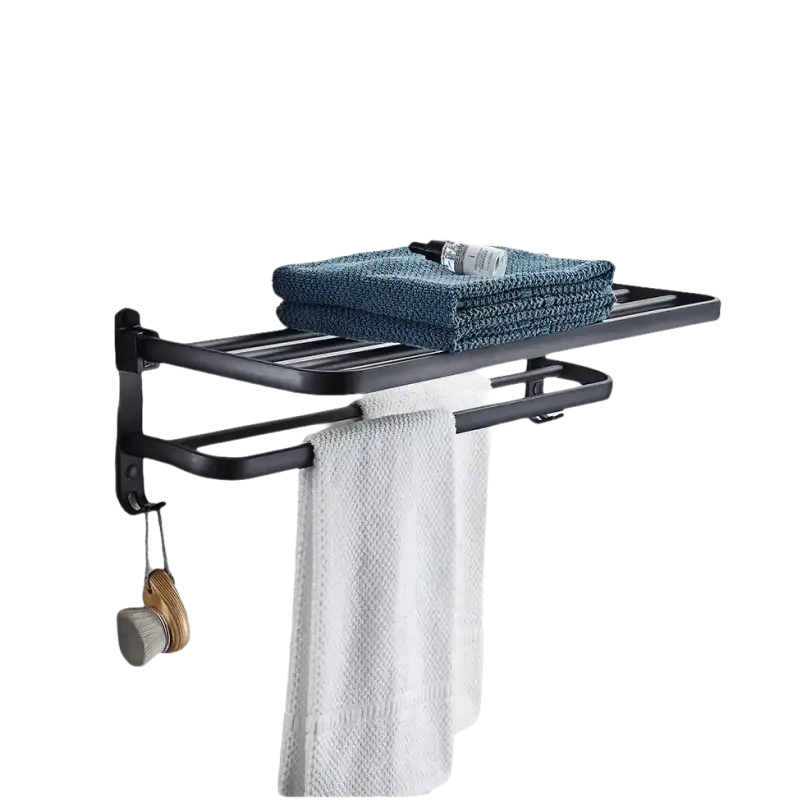 Black metal towel rack with towels.