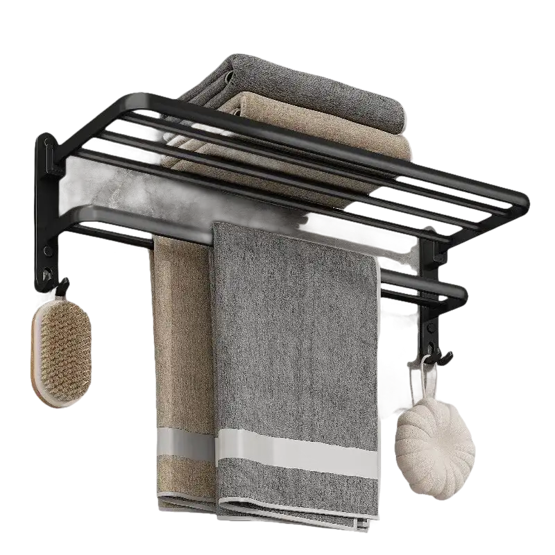 Black metal towel rack with towels and bath accessories.