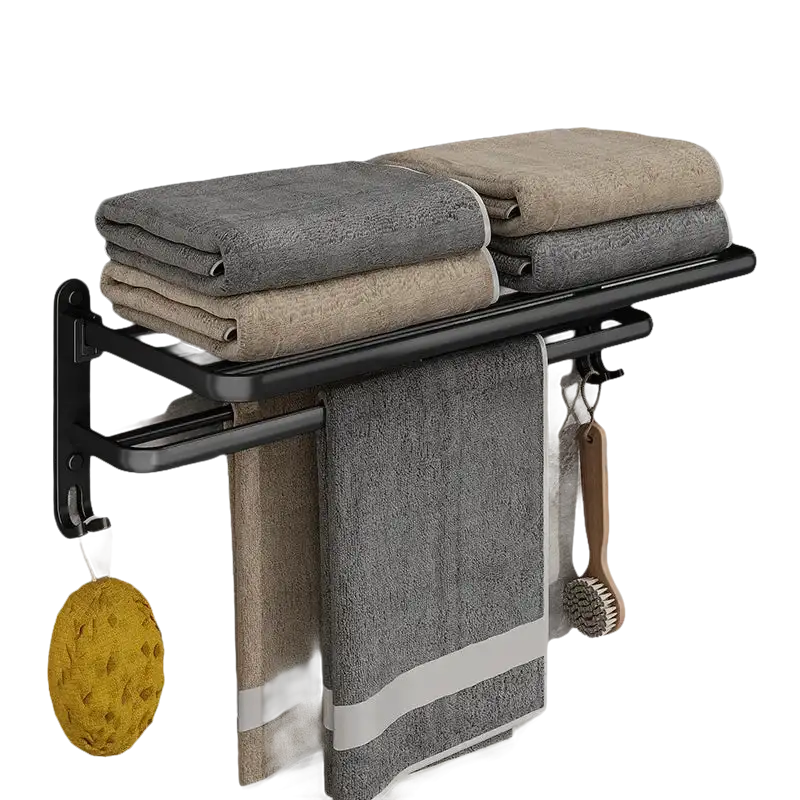 Black metal towel rack with towels and accessories.