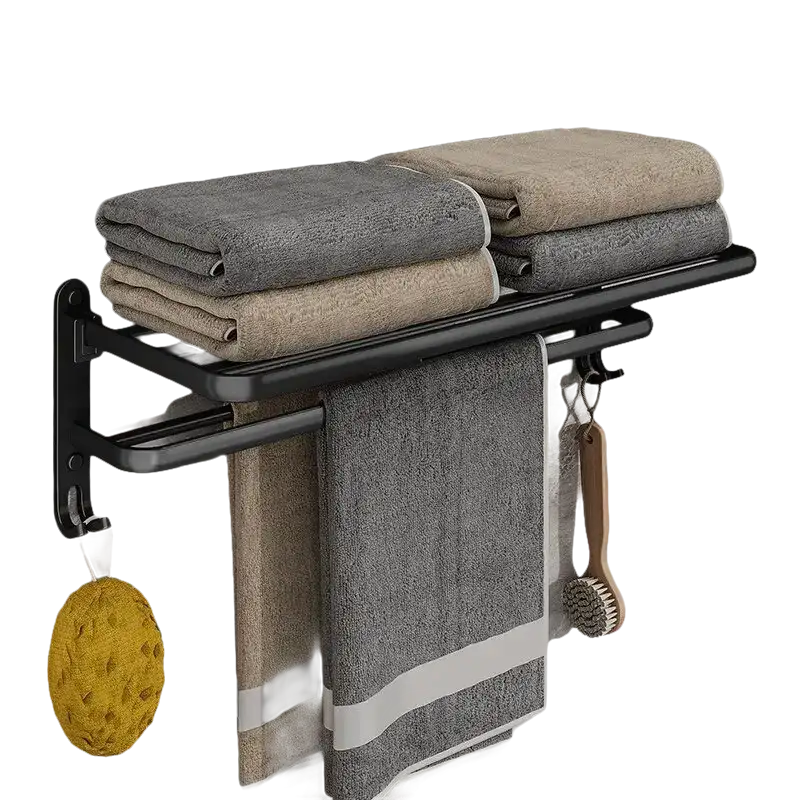 Black metal towel rack with towels.