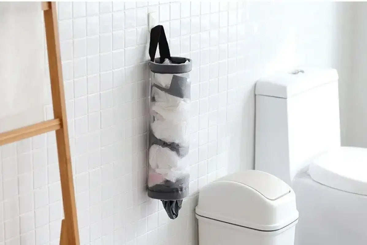 1pc Grey Sundries Bag Storage Wall Mount Mesh Plastic Bags Dispenser Hanging Reused Storage Pouch Trash Bags Kitchen