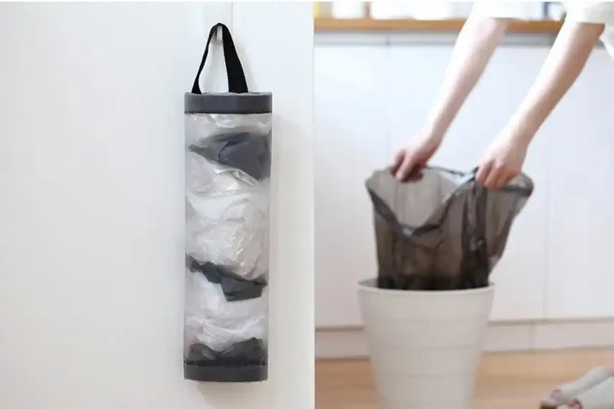 1pc Grey Sundries Bag Storage Wall Mount Mesh Plastic Bags Dispenser Hanging Reused Storage Pouch Trash Bags Kitchen