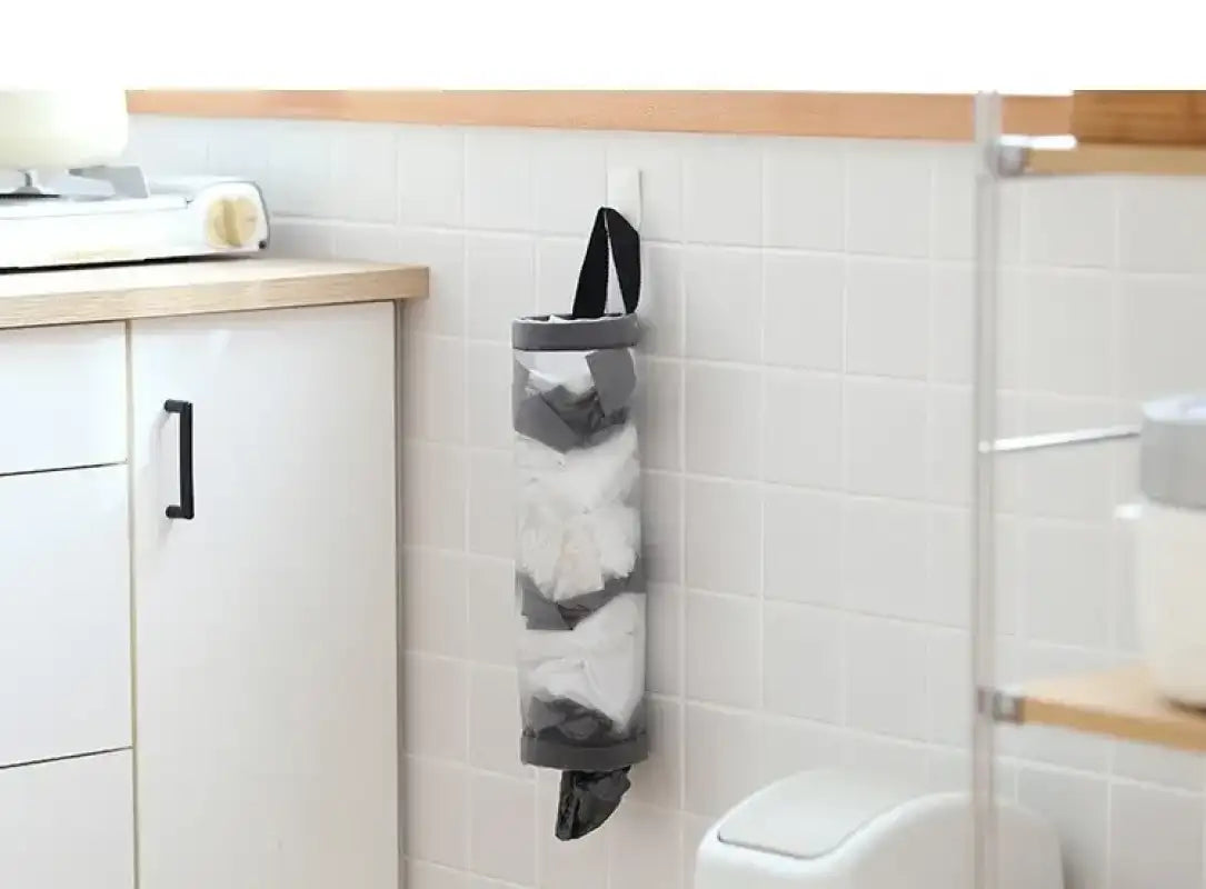 1pc Grey Sundries Bag Storage Wall Mount Mesh Plastic Bags Dispenser Hanging Reused Storage Pouch Trash Bags Kitchen