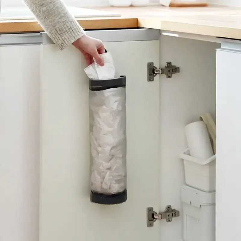 1pc Grey Sundries Bag Storage Wall Mount Mesh Plastic Bags Dispenser Hanging Reused Storage Pouch Trash Bags Kitchen