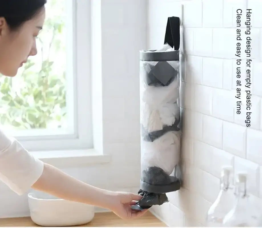 1pc Grey Sundries Bag Storage Wall Mount Mesh Plastic Bags Dispenser Hanging Reused Storage Pouch Trash Bags Kitchen