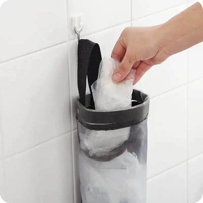 1pc Grey Sundries Bag Storage Wall Mount Mesh Plastic Bags Dispenser Hanging Reused Storage Pouch Trash Bags Kitchen