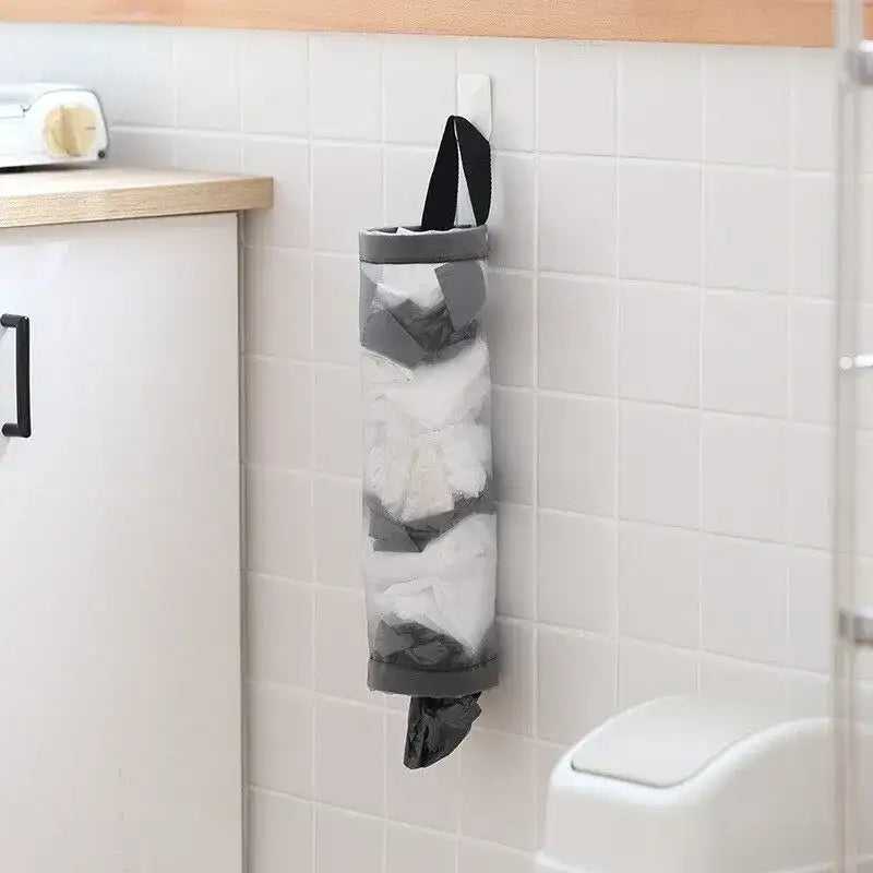 1pc Grey Sundries Bag Storage Wall Mount Mesh Plastic Bags Dispenser Hanging Reused Storage Pouch Trash Bags Kitchen
