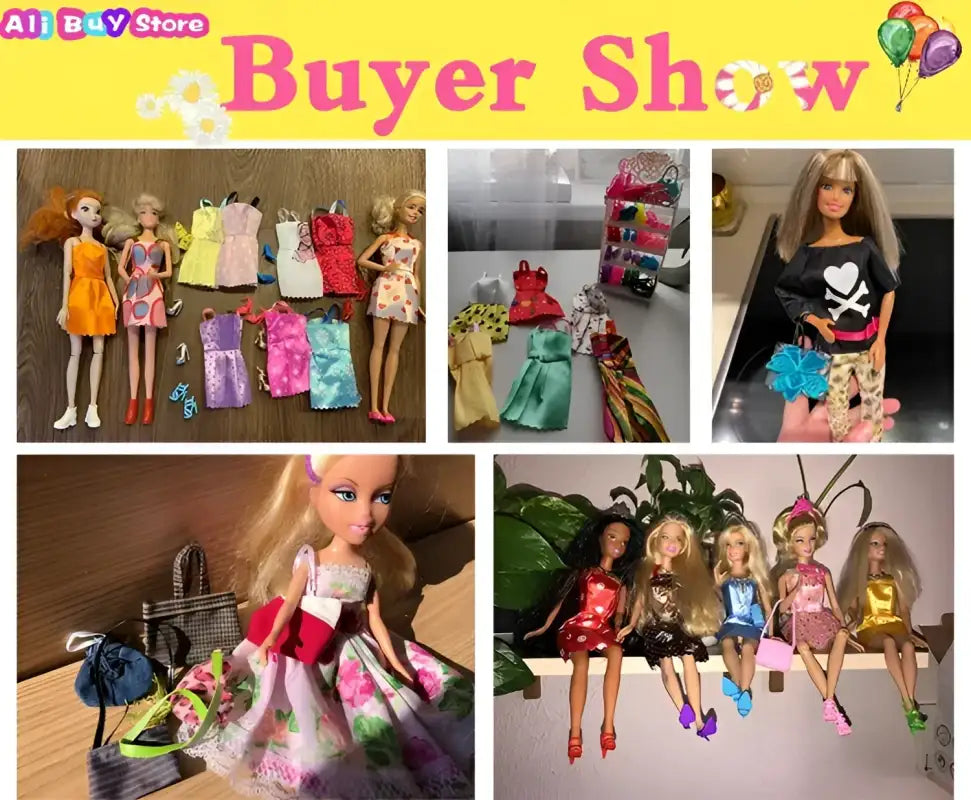 Collage of dolls and doll clothes.