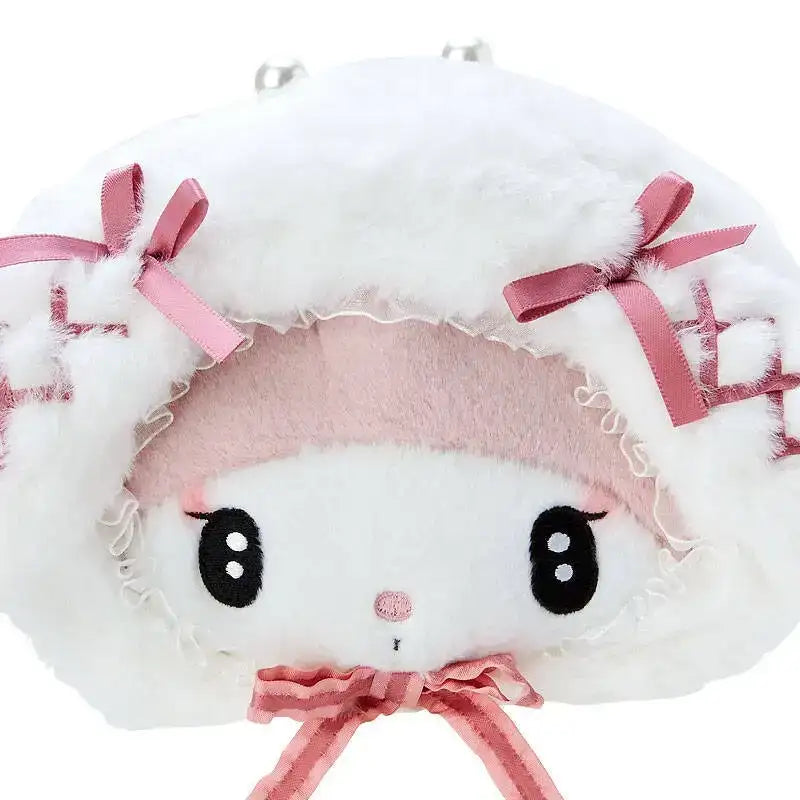 White plush bunny purse with pink accents.