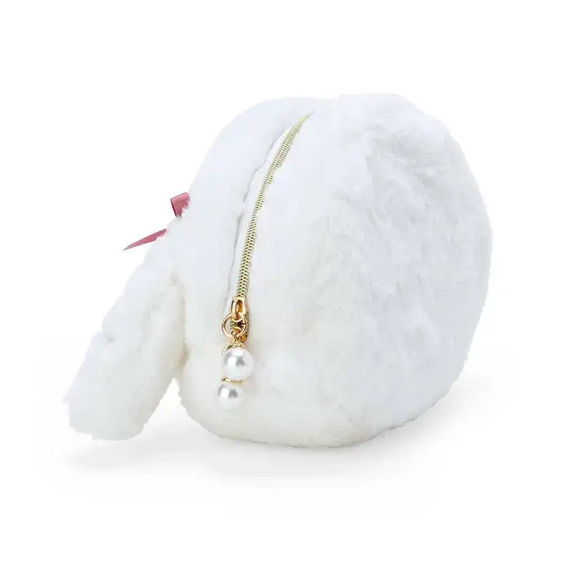 White furry bunny pouch with zipper.