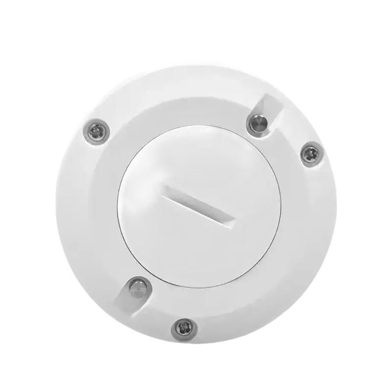 Round white plastic cover with screws.