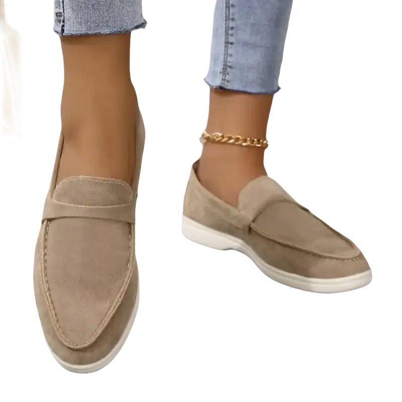 Beige suede loafers.