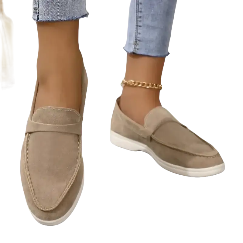 Beige suede loafers.