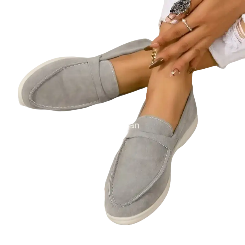 Gray suede loafers.