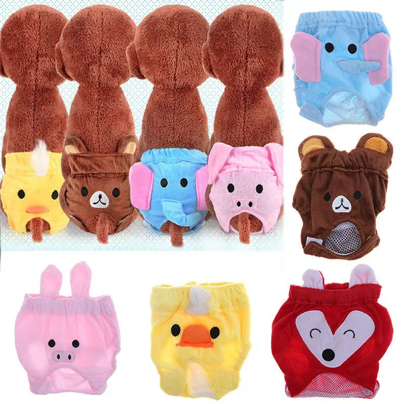 Dog diapers with animal faces.