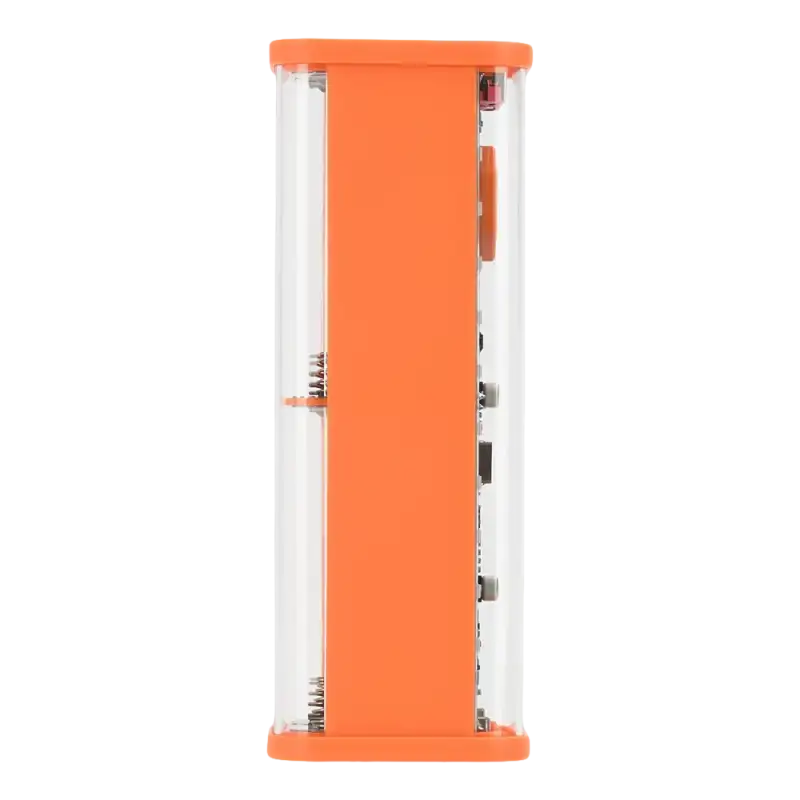 Orange and clear rectangular electronic device.