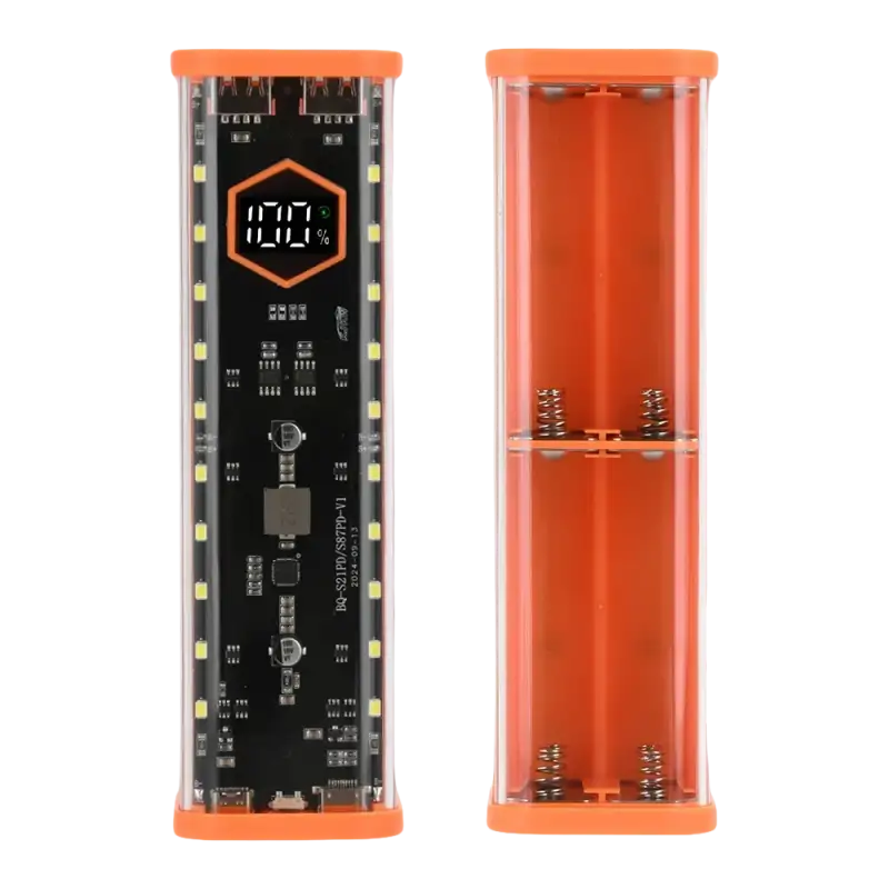 Orange-trimmed battery charger with digital display.
