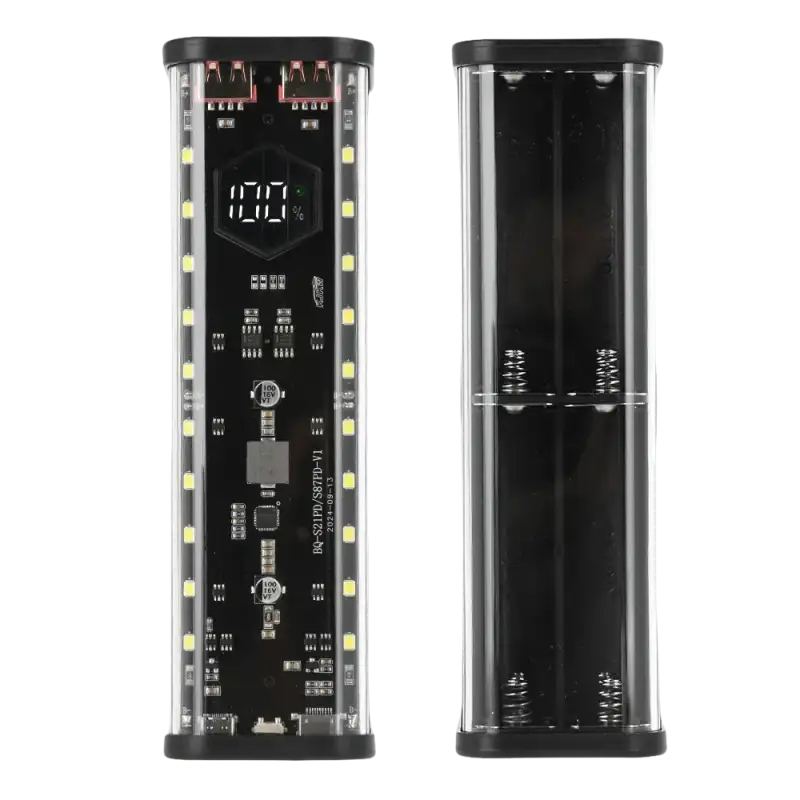 Transparent-cased power bank with digital display.