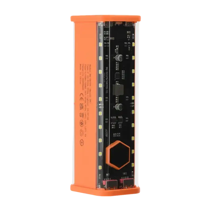 Orange and clear rectangular light with visible circuit board.