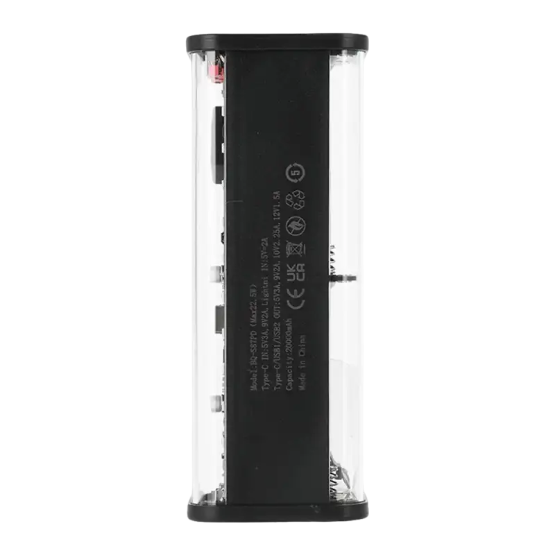 Portable power bank with transparent casing.