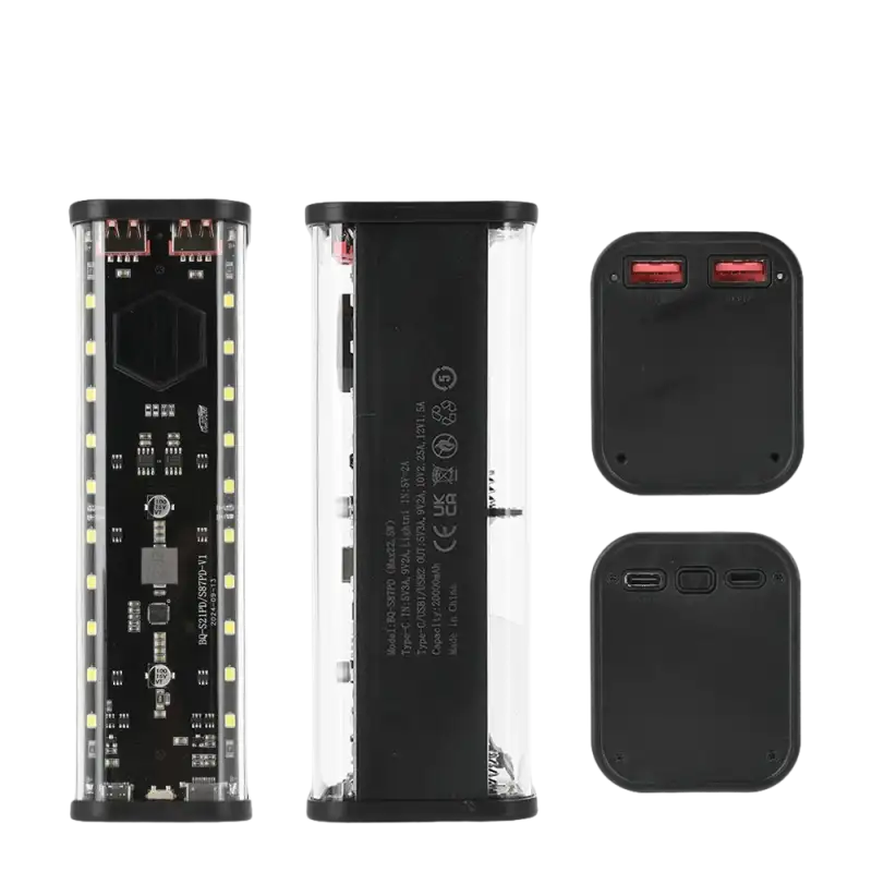 Transparent-cased power bank with multiple ports.