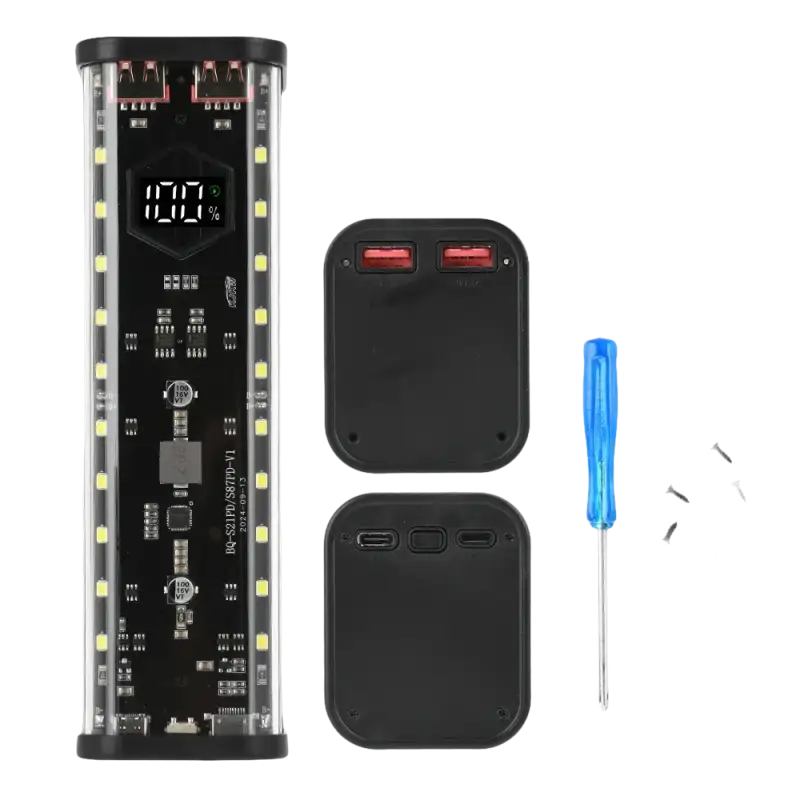 Rectangular power bank with LED display and ports.