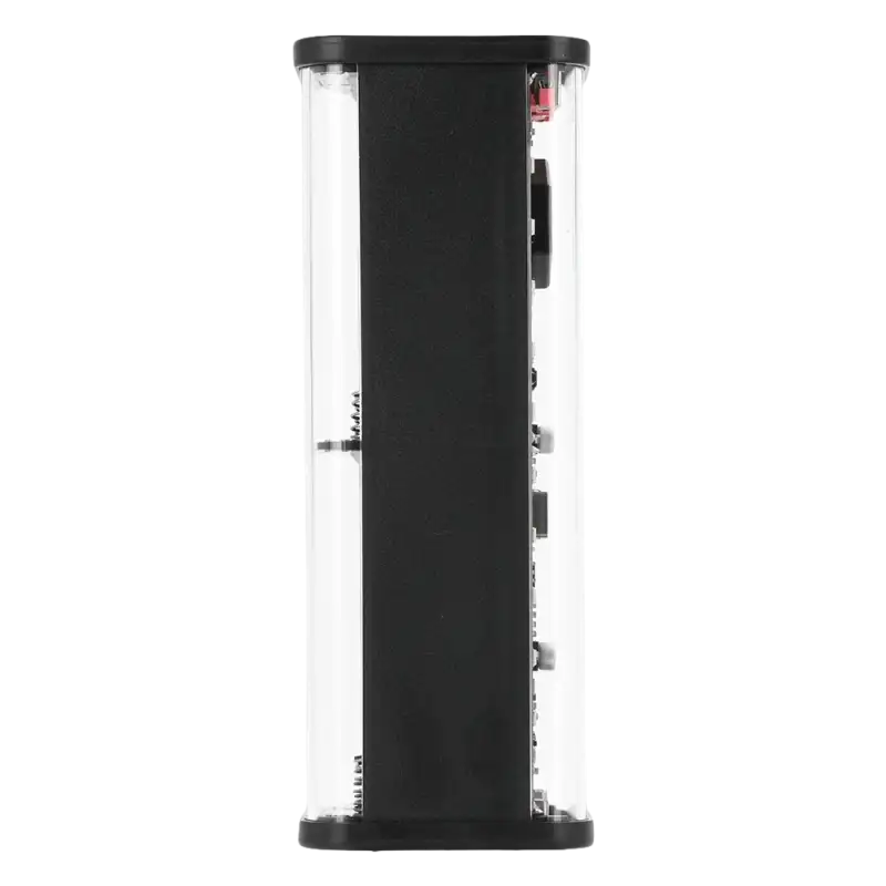 Black electronic device in clear case.