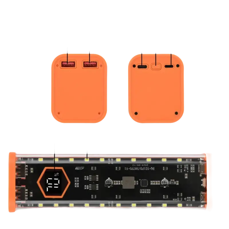 Orange power bank with multiple ports and digital display.