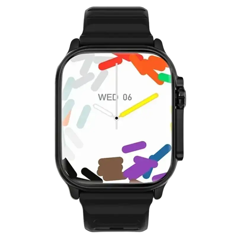 Black smartwatch with colorful screen design.