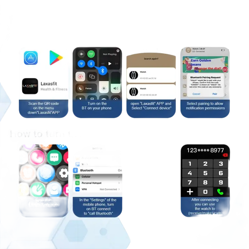 Smart watch connection and call function instructions.