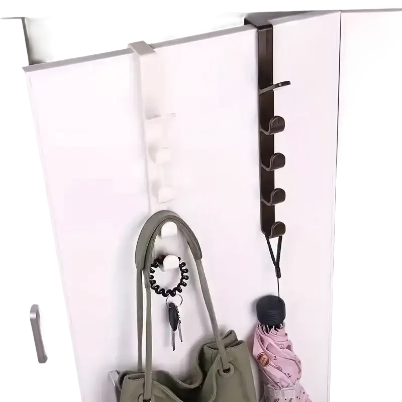 Over-the-door hooks for storage.