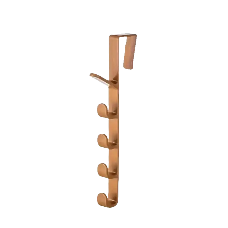 Copper-colored over-the-door hook rack.