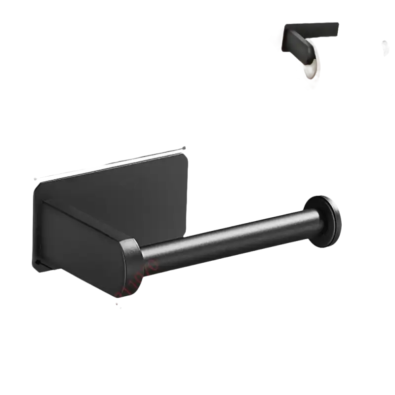 Black metal toilet paper holder with dimensions.