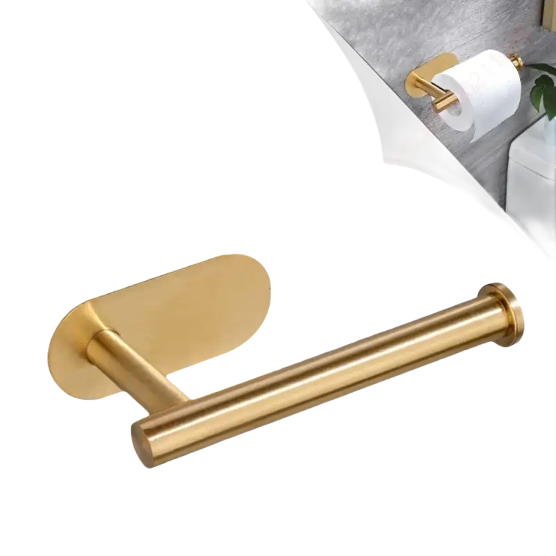 Gold-colored toilet paper holder with dimensions.