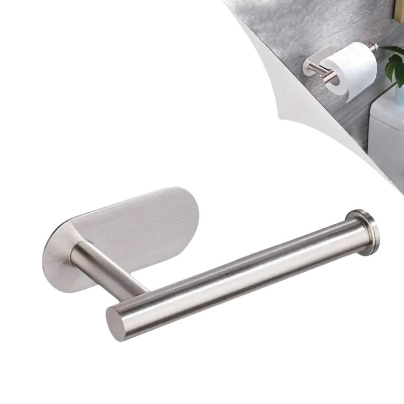 Silver metal toilet paper holder with dimensions.