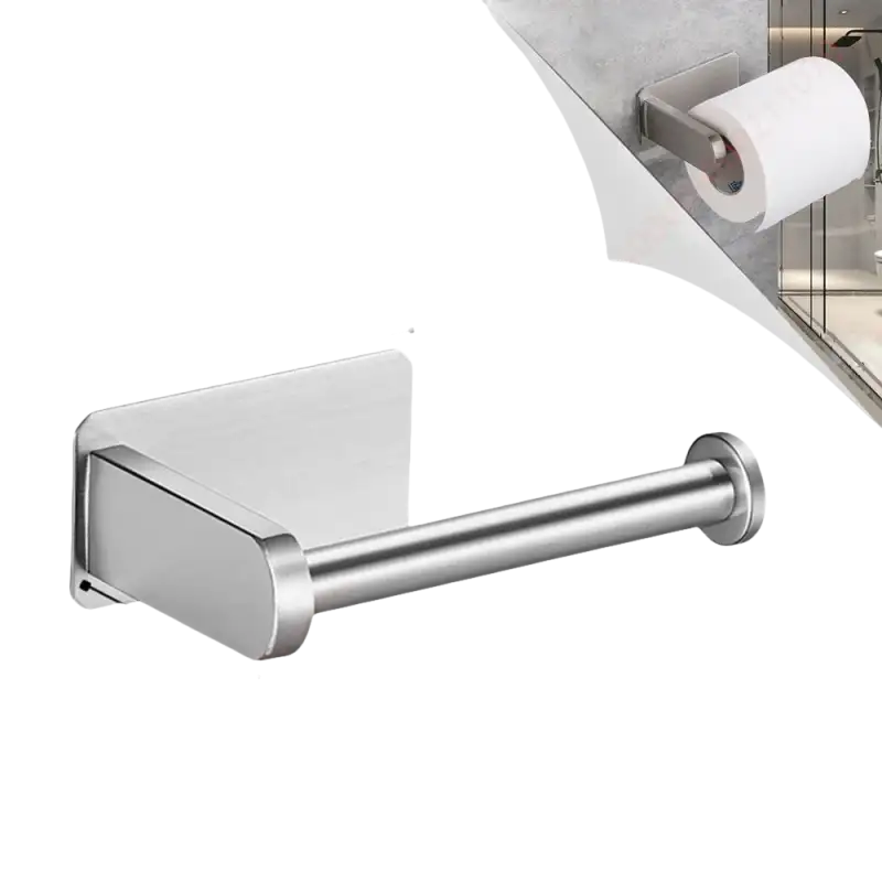 Silver toilet paper holder with adhesive backing and dimension labels.
