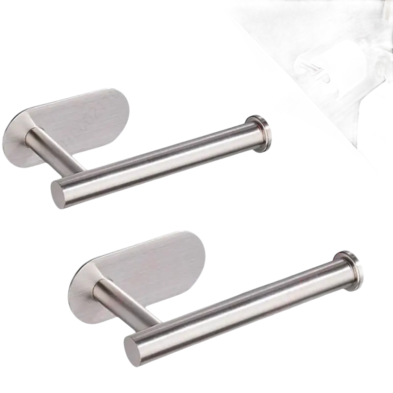 Two stainless steel toilet paper holders with adhesive backing and dimensions.