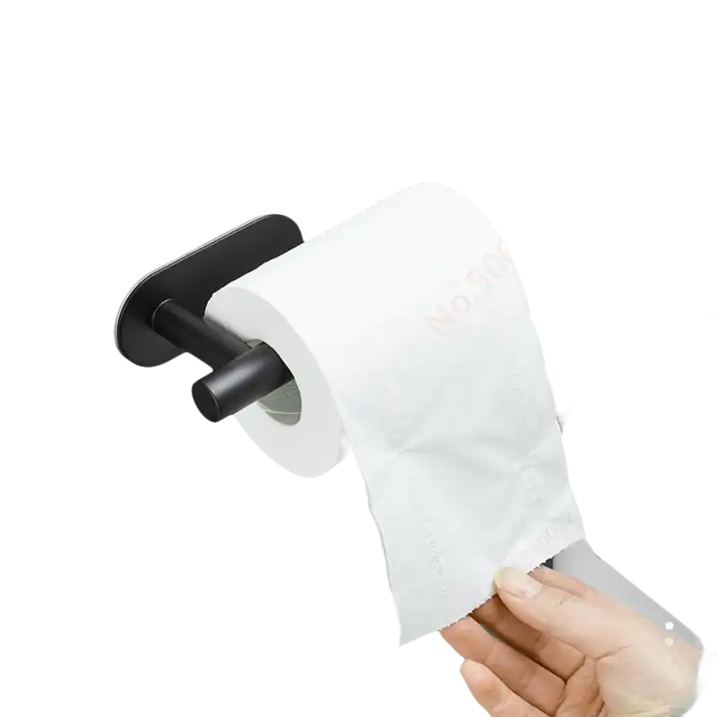 Black metal toilet paper holder with white roll.