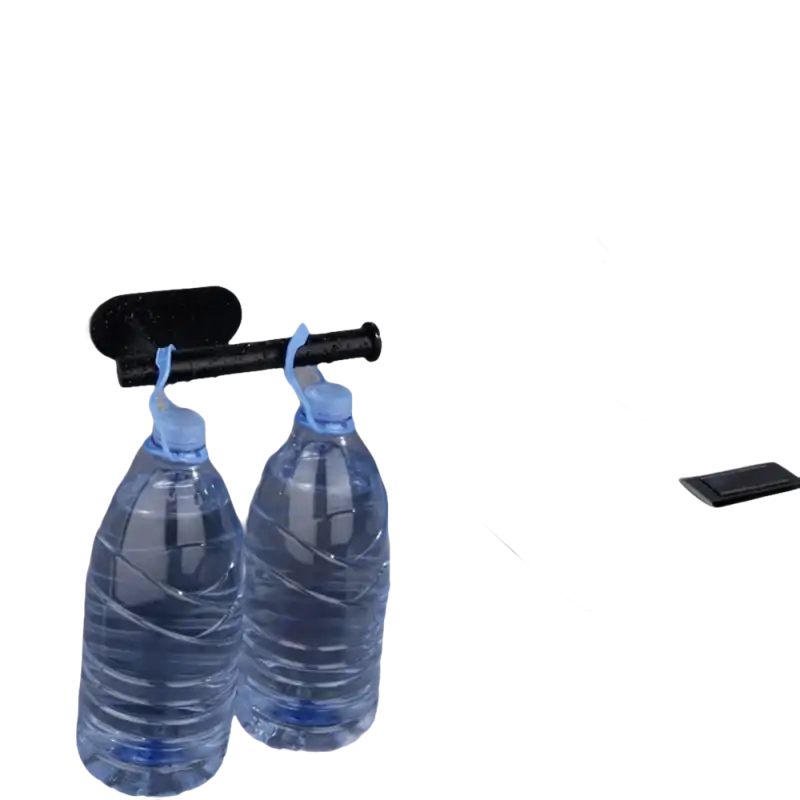 Black toilet paper holder with water bottles.
