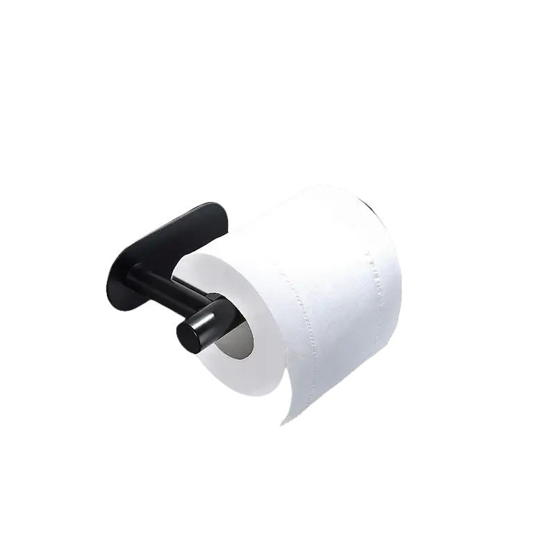 Black toilet paper holder with white roll.