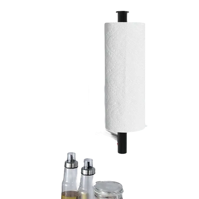 Black wall-mounted paper towel holder.