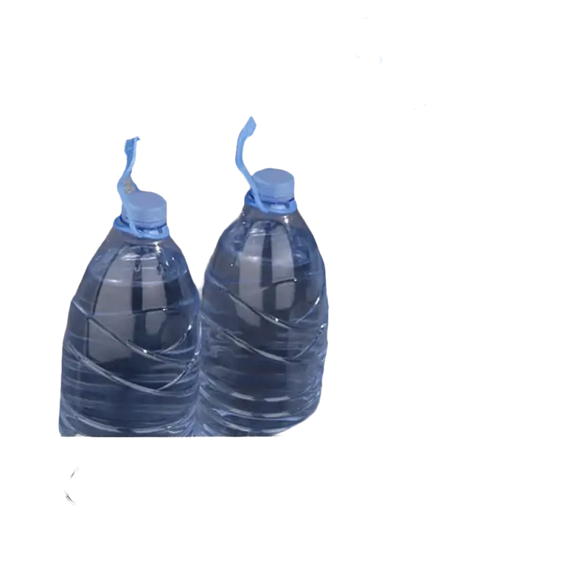 Double-sided tape toilet paper holder supporting water bottles.