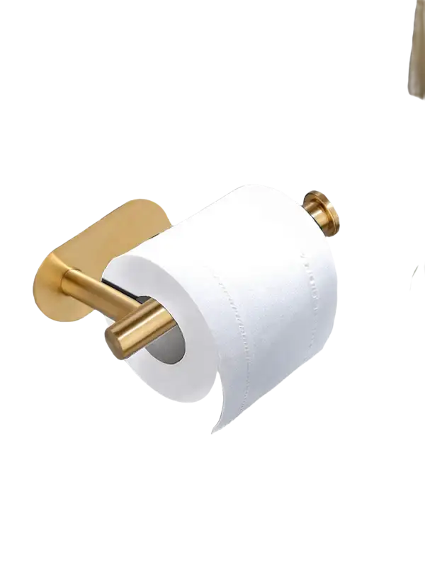 Gold-toned toilet paper holder with white roll.